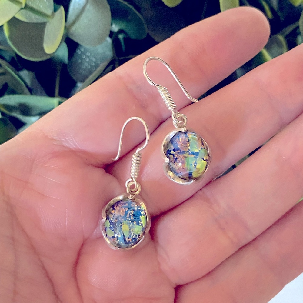 Vintage Sterling Silver 925 Art Deco Dichroic Glass Dangle Earrings Rare